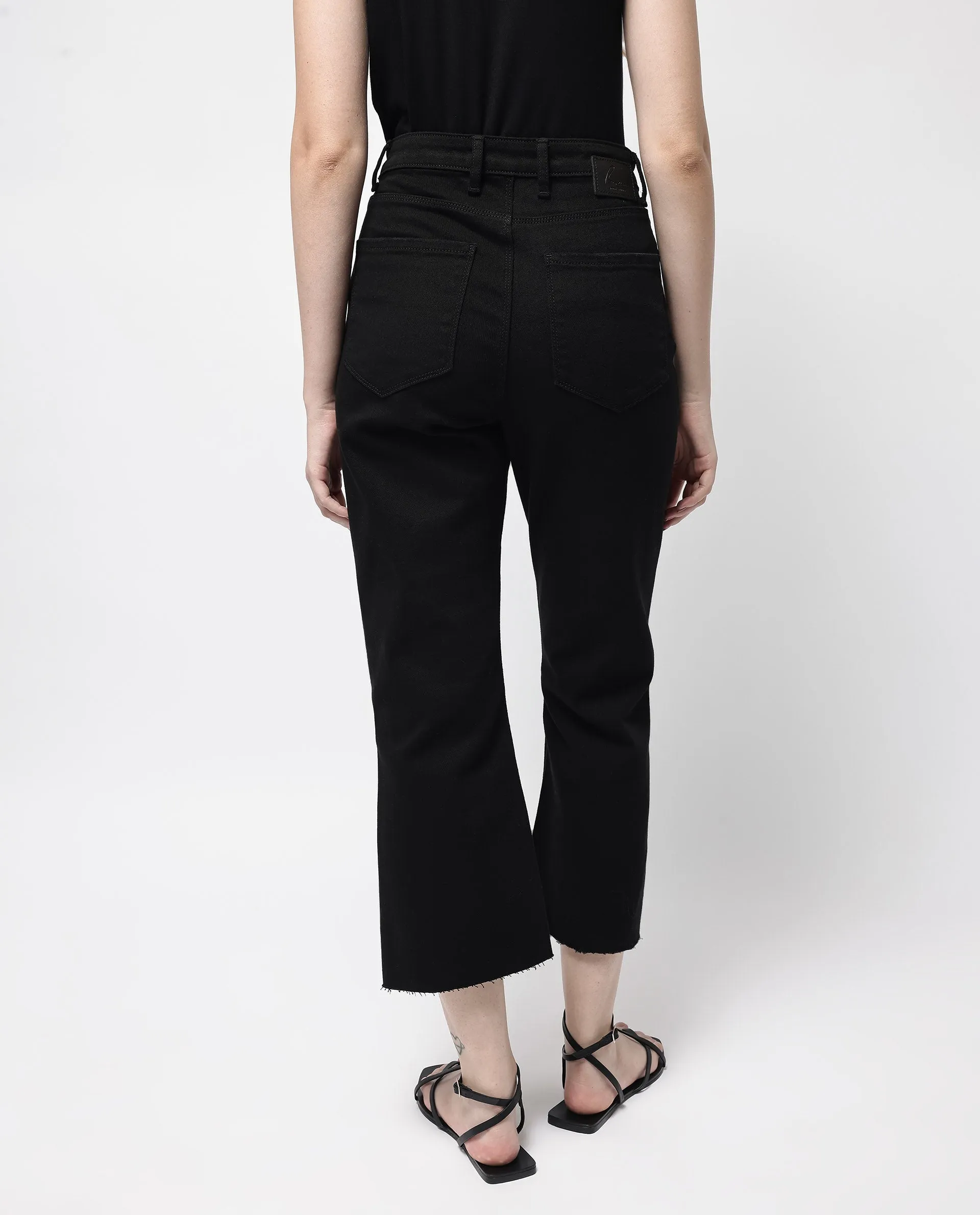 Rareism Women Winona Black Cotton Fabric Plain Crop Flare Jeans