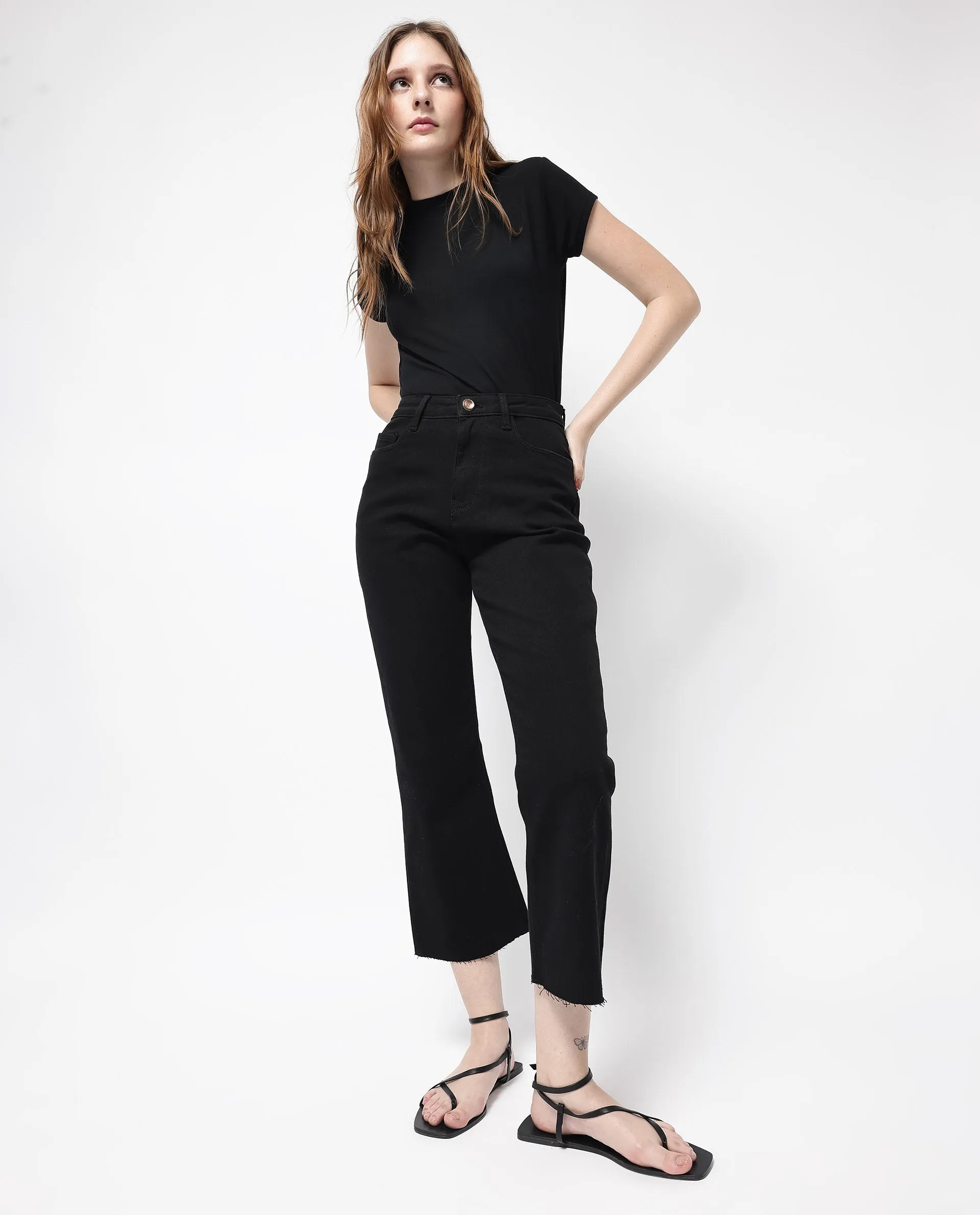 Rareism Women Winona Black Cotton Fabric Plain Crop Flare Jeans