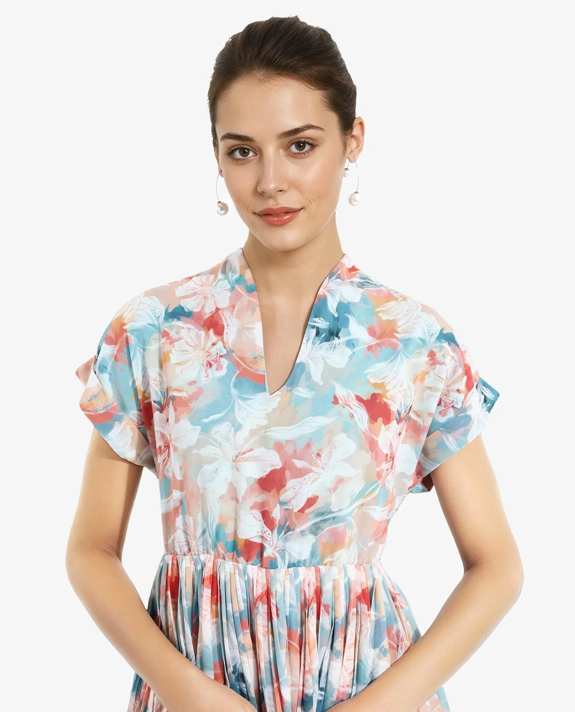 Rareism Women Zinuzu Light Multi Extended Sleeves V-Neck Fit And Flare Midi Floral Print Dress