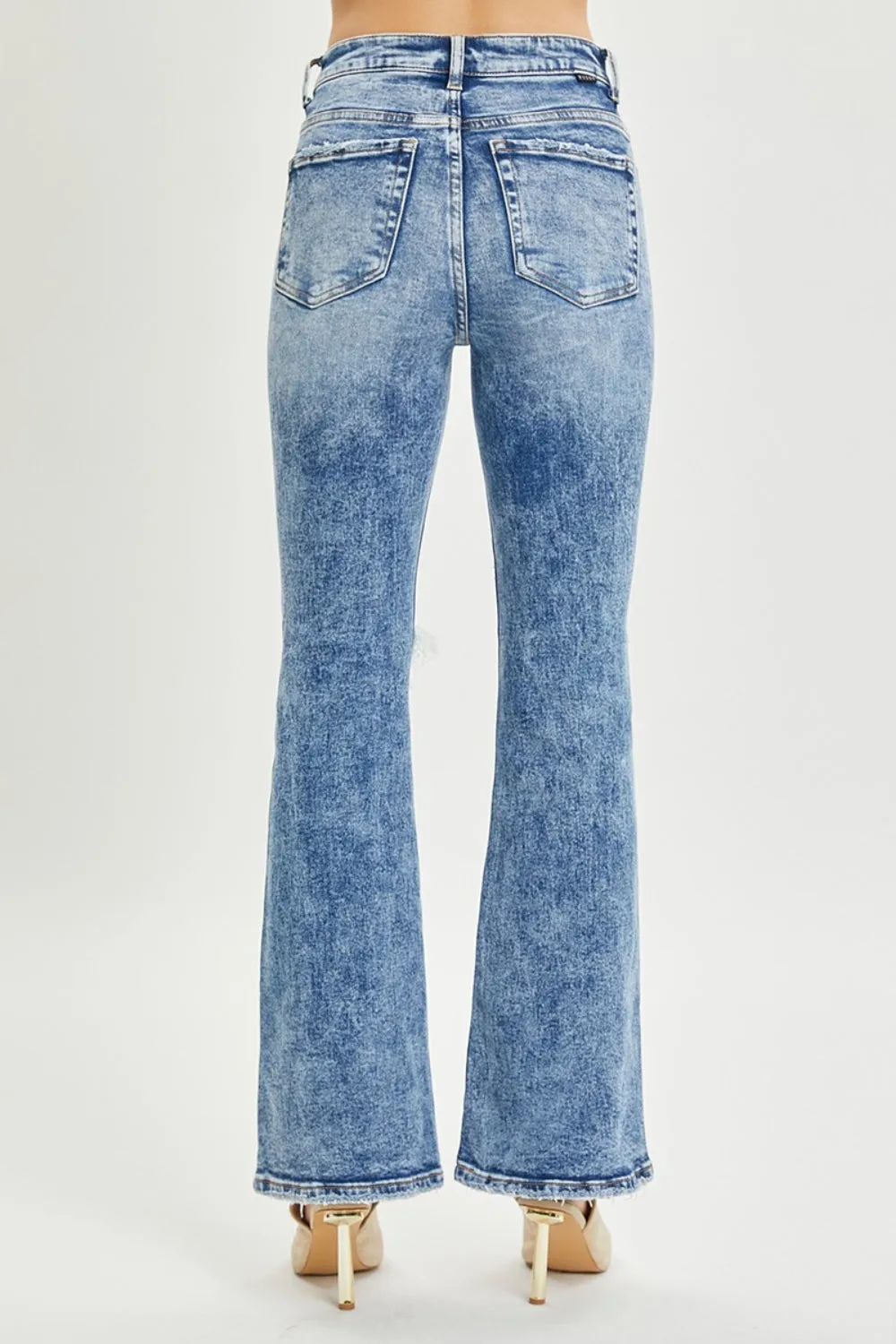 RISEN High Rise Acid Wash Distressed Flare Jeans