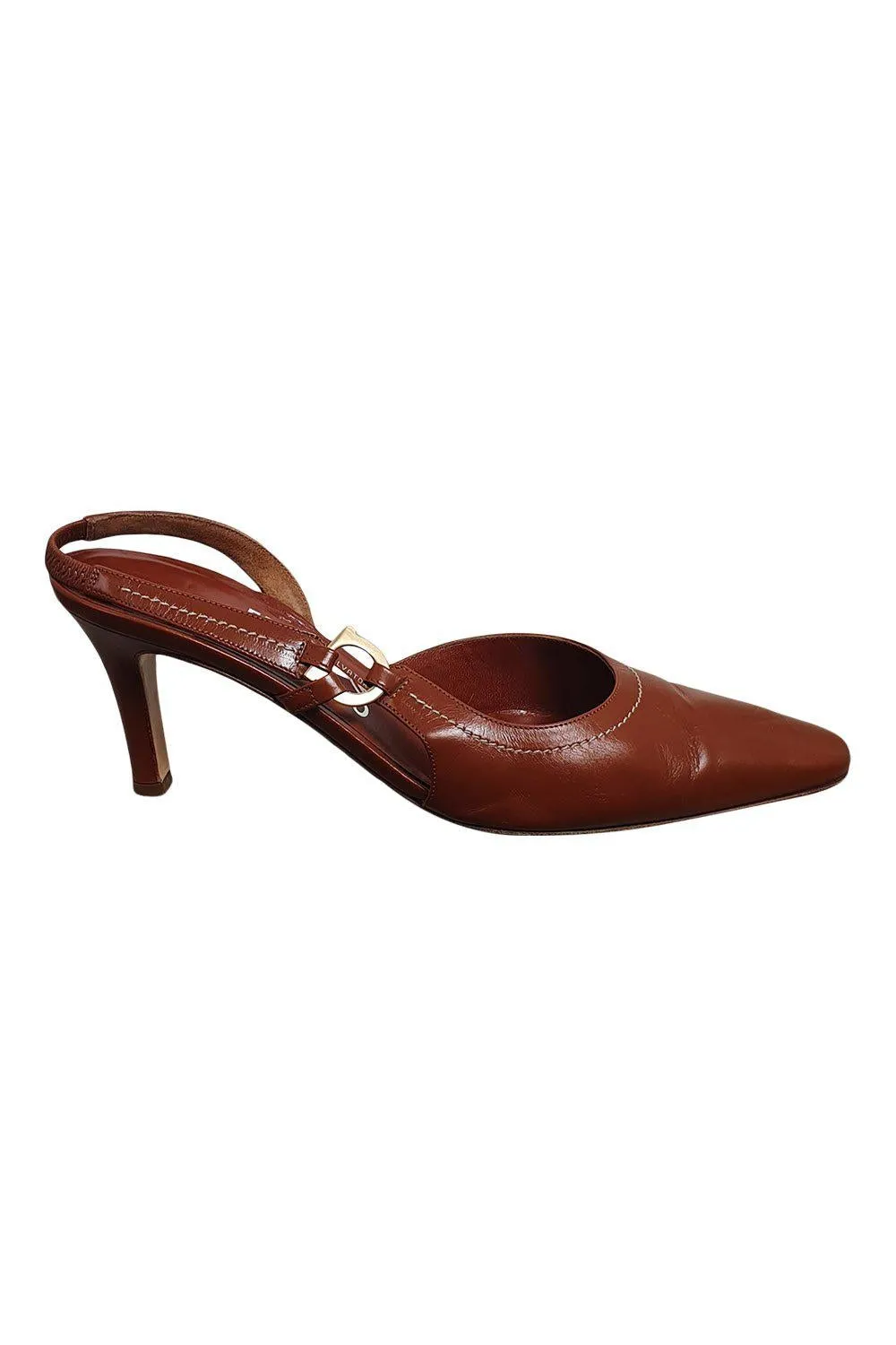 SALVATORE FERRAGAMO Cognac Brown Gancini Buckle Sling back Heels (9.5 B)