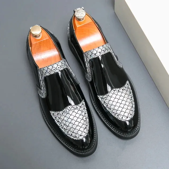 Shiny Geometric Pattern Leather Loafers