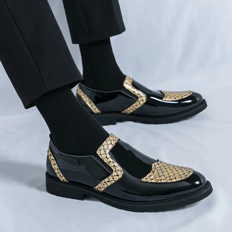 Shiny Geometric Pattern Leather Loafers