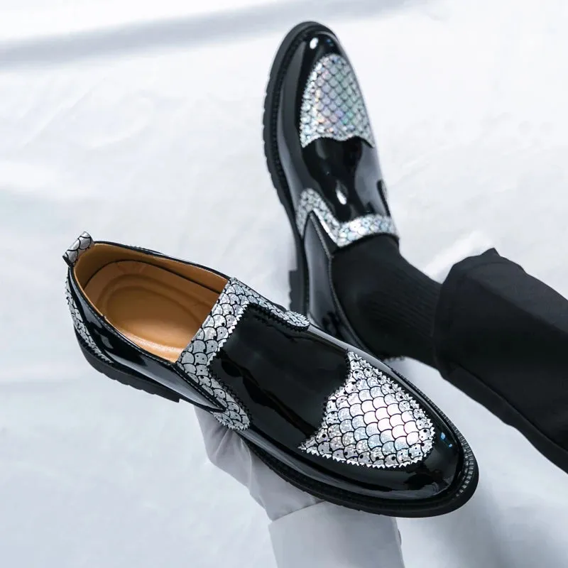 Shiny Geometric Pattern Leather Loafers