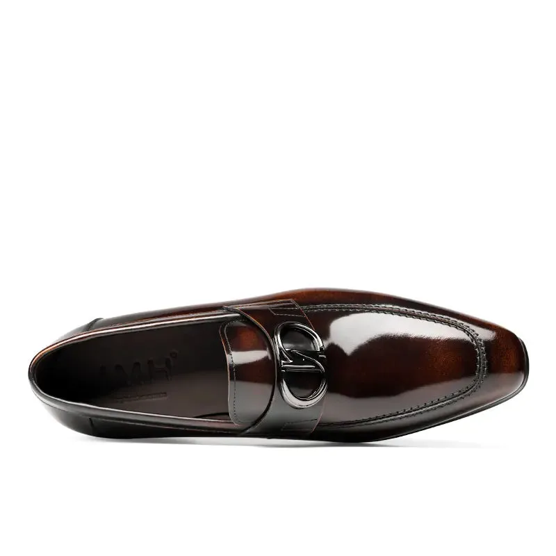 Solid Pointed Toe Genuine Leather Loafers