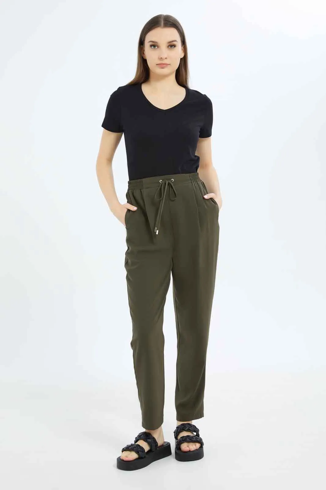 Women Tapered Leg Elasticated Waist Pants