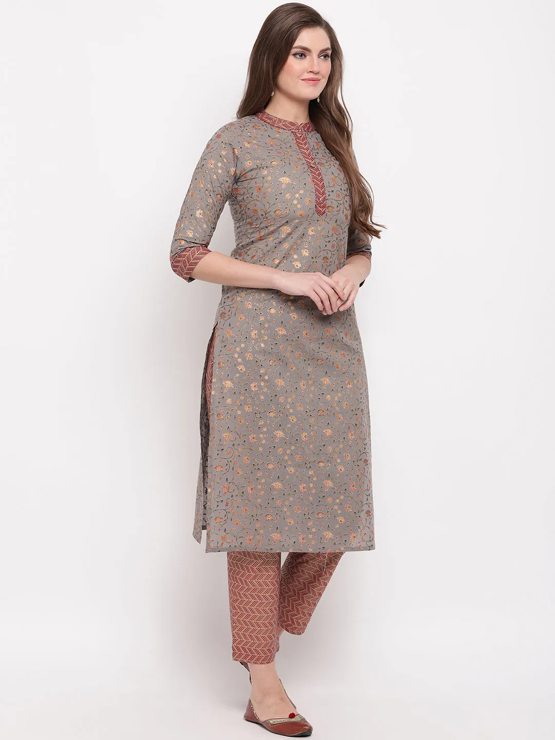 Women'S Foil Print & Hand Work Straight Cotton Grey Kurti With Palazzo