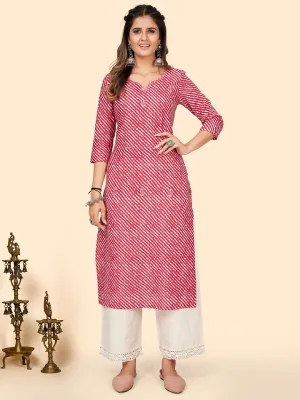 Women'S Print & Embroidered Straight Cotton Red Stitched Kurta