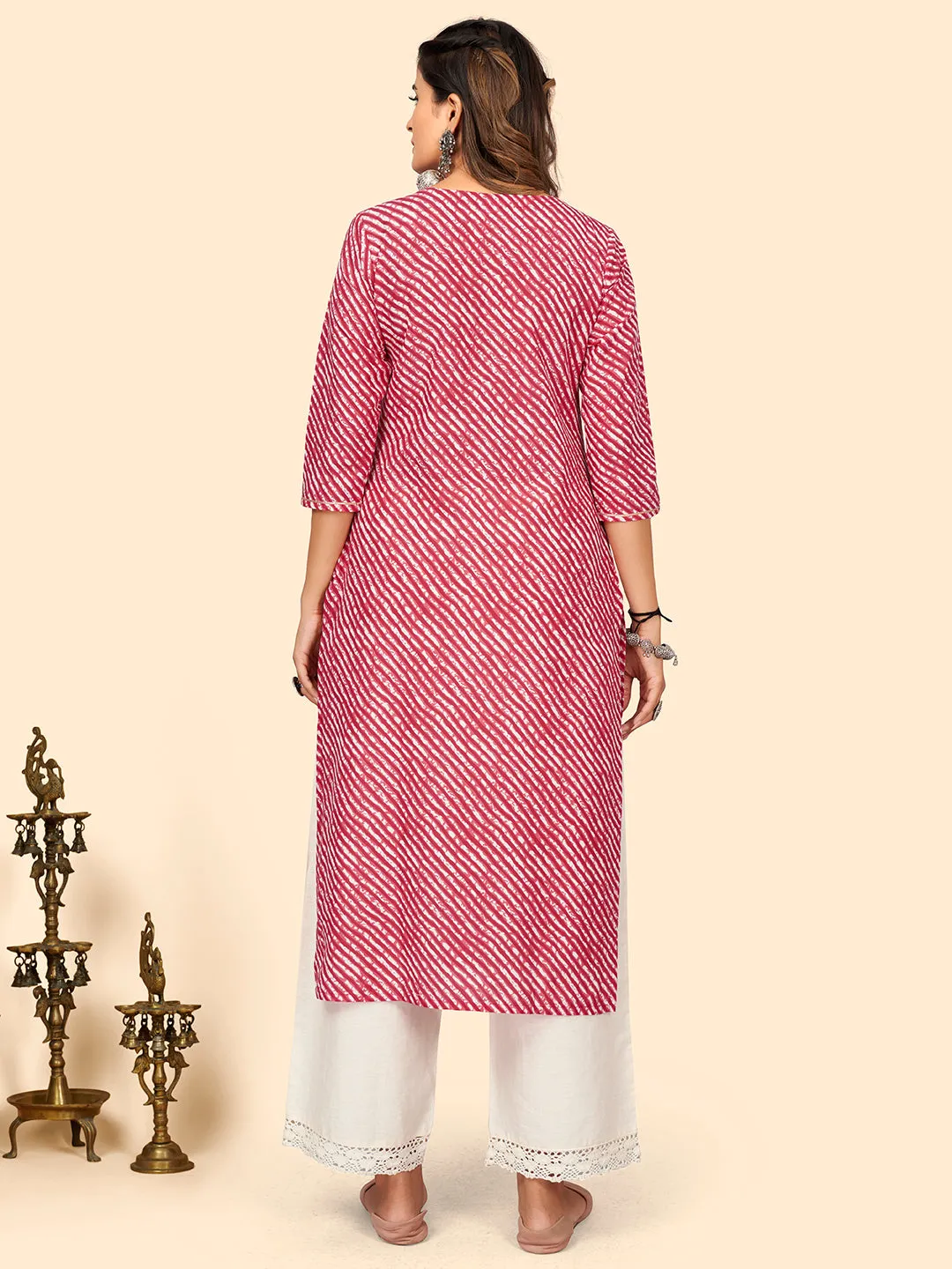 Women'S Print & Embroidered Straight Cotton Red Stitched Kurta