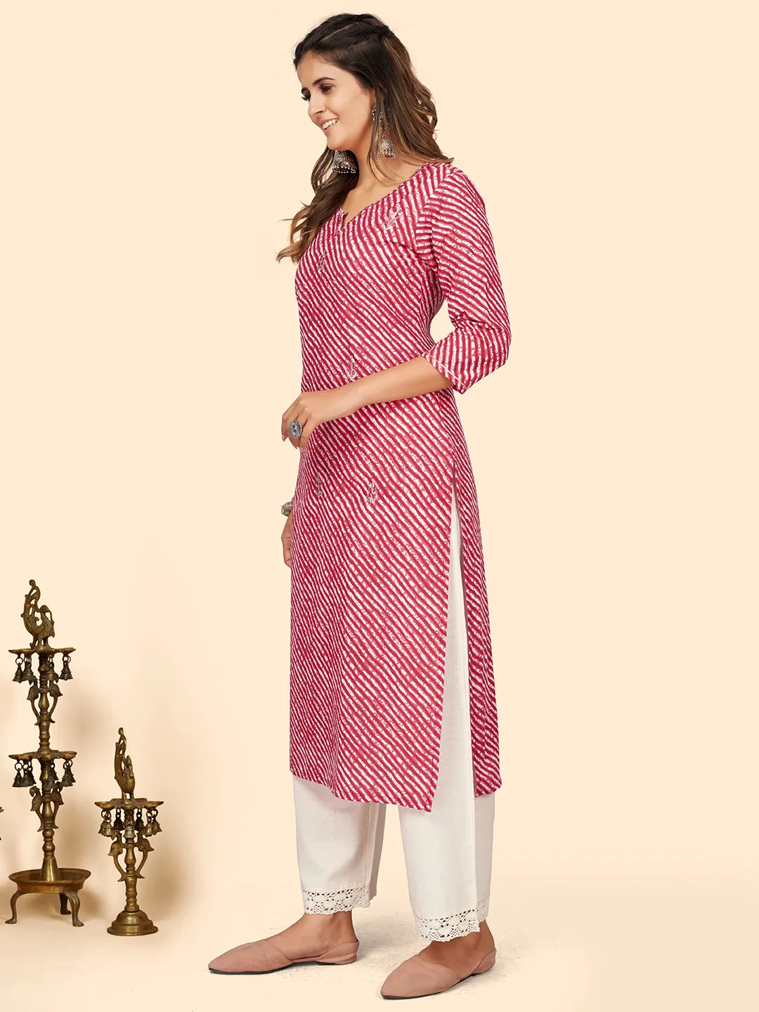 Women'S Print & Embroidered Straight Cotton Red Stitched Kurta