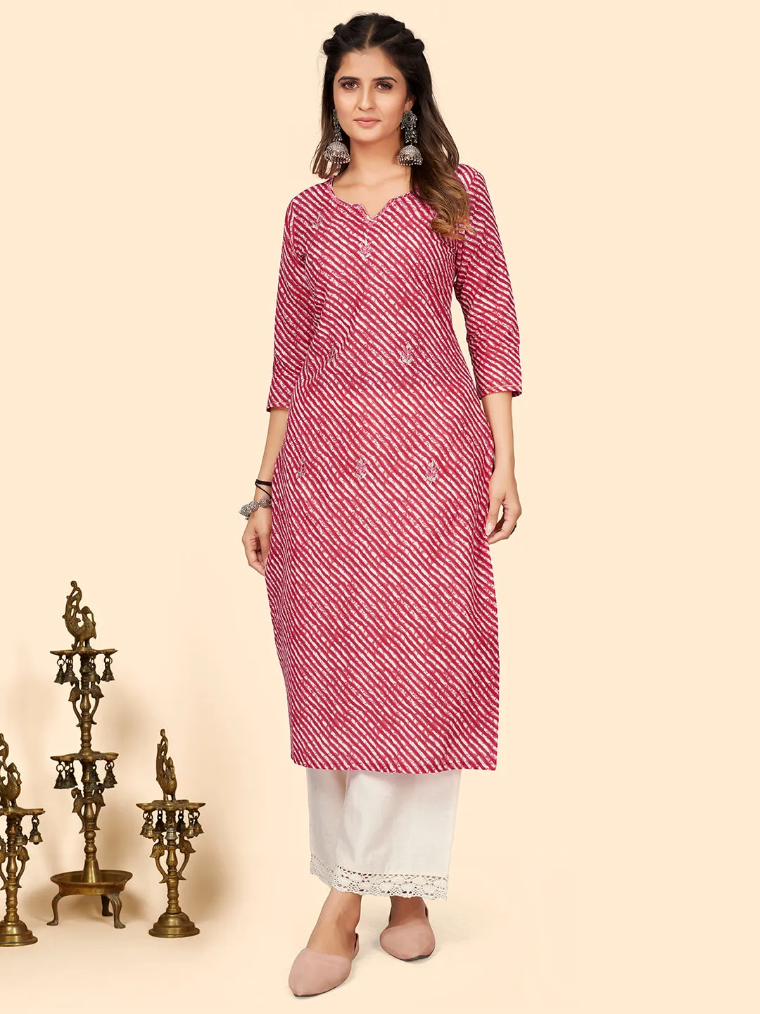 Women'S Print & Embroidered Straight Cotton Red Stitched Kurta