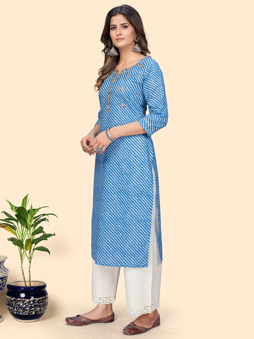 Women'S Print & Gota Work Straight Cotton Blue Stitched Kurta