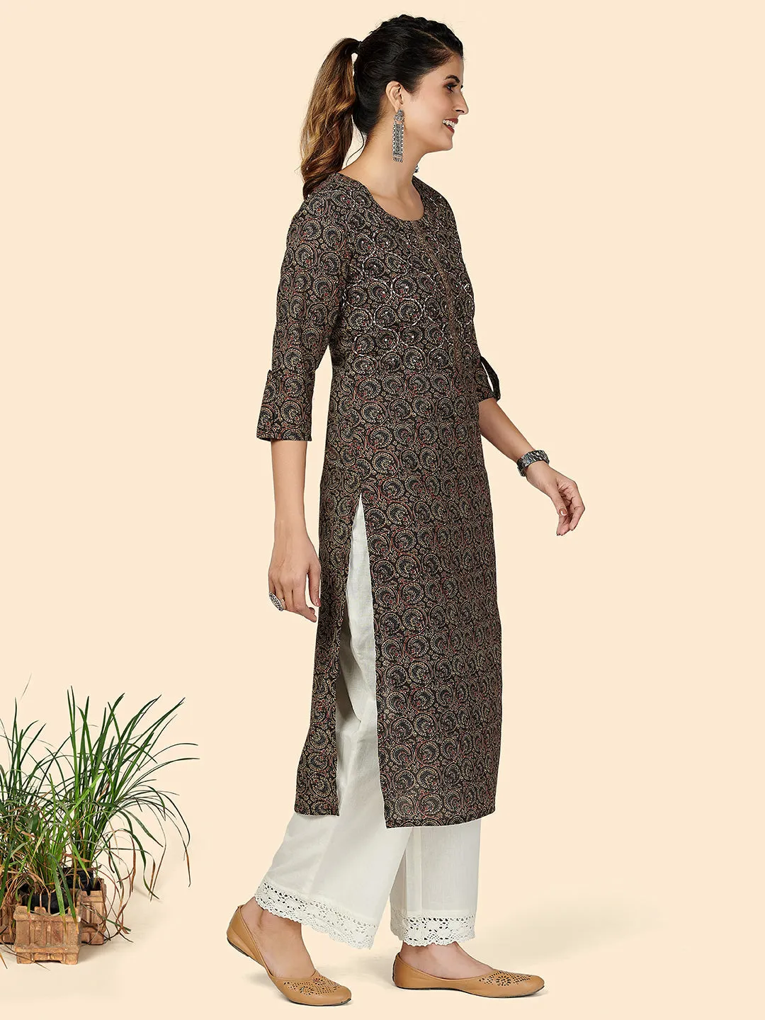 Women'S Printed & Hand Work Straight Cotton Black Stitched Kurta