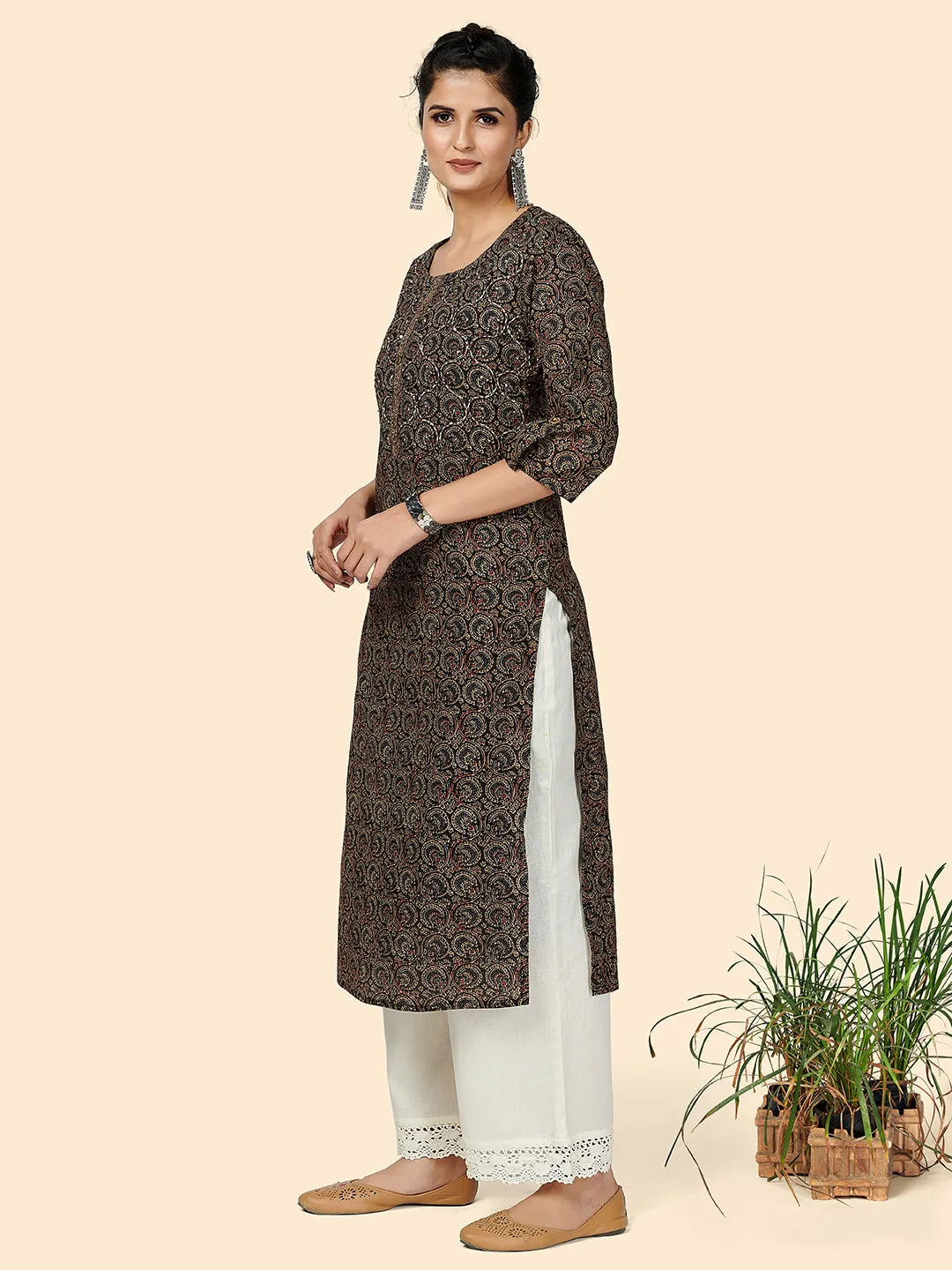 Women'S Printed & Hand Work Straight Cotton Black Stitched Kurta