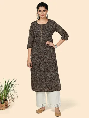 Women'S Printed & Hand Work Straight Cotton Black Stitched Kurta