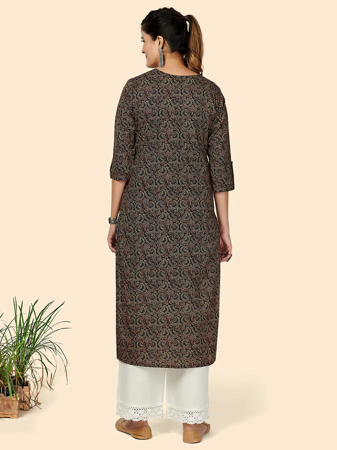 Women'S Printed & Hand Work Straight Cotton Black Stitched Kurta