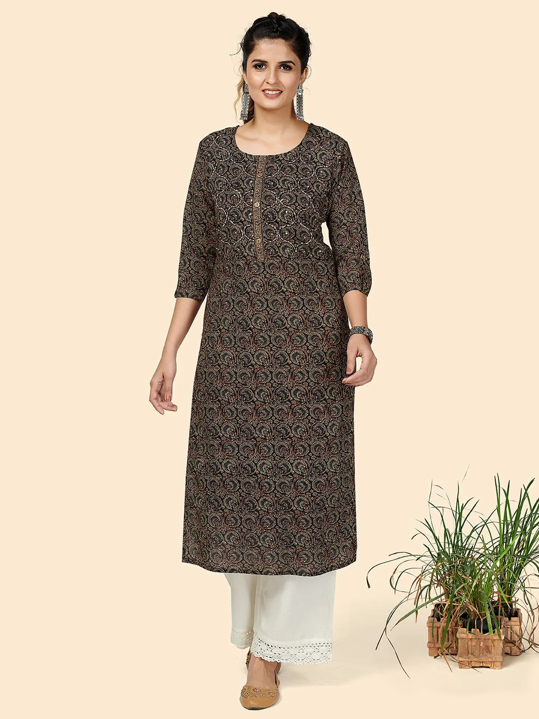 Women'S Printed & Hand Work Straight Cotton Black Stitched Kurta