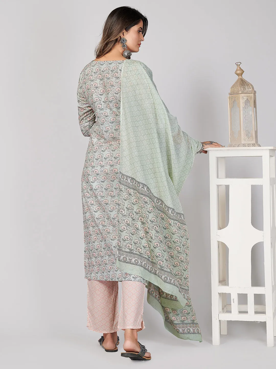 Women'S Printed & Sequence Work Straight Cotton Light Green Stitched Kurta Pant With Dupatta