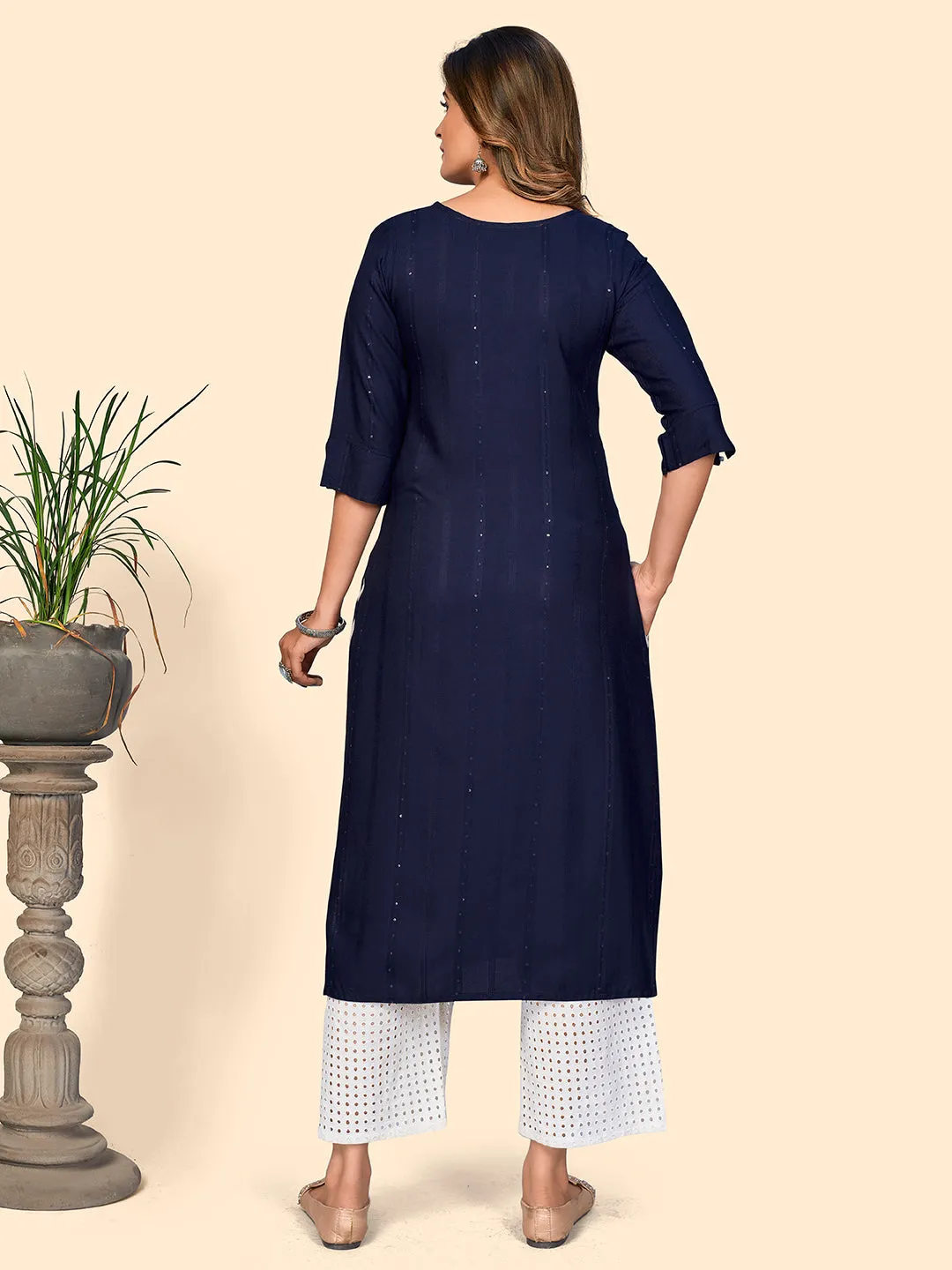 Women'S Sequience & Hand Work Straight Viscose Navy Blue Stitched Kurta