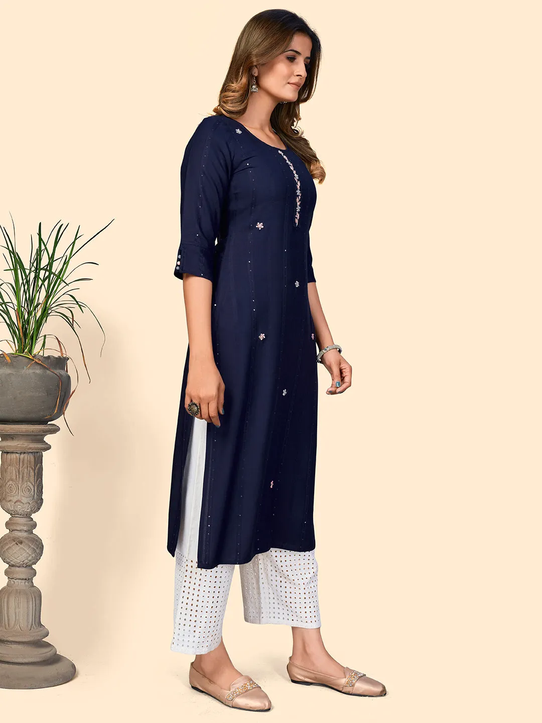 Women'S Sequience & Hand Work Straight Viscose Navy Blue Stitched Kurta