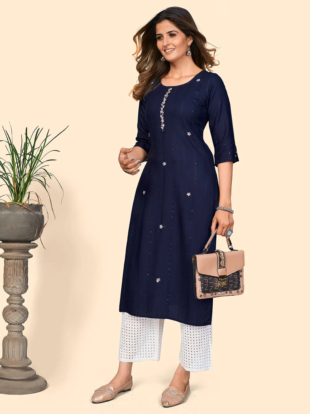 Women'S Sequience & Hand Work Straight Viscose Navy Blue Stitched Kurta