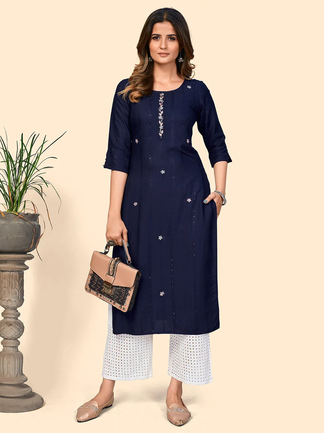 Women'S Sequience & Hand Work Straight Viscose Navy Blue Stitched Kurta